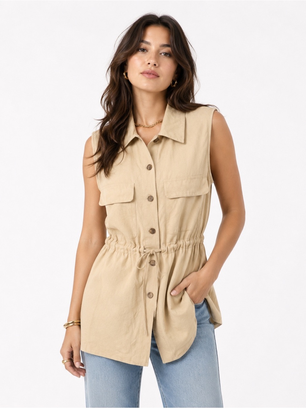 Vintage Boho Tan Sleeveless Belted Safari Vest 100% Silk Long Utility Jacket